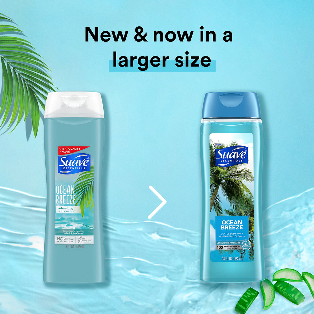 Suave Essentials Gentle Body Wash Ocean Breeze With a Fresh Oil Blend Essence Infused with Vitamin E & Algae Extract 18 oz