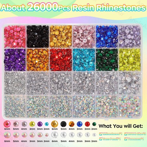 26000PCS Colorful Resin Flatback Rhinestones for Crafting, Resin Rhinestones for Bedazzling Kit, 2/3/4/5/6mm Flatback Gems Jewels for DIY Mugs Tumblers Clothing Shoes Nail Art