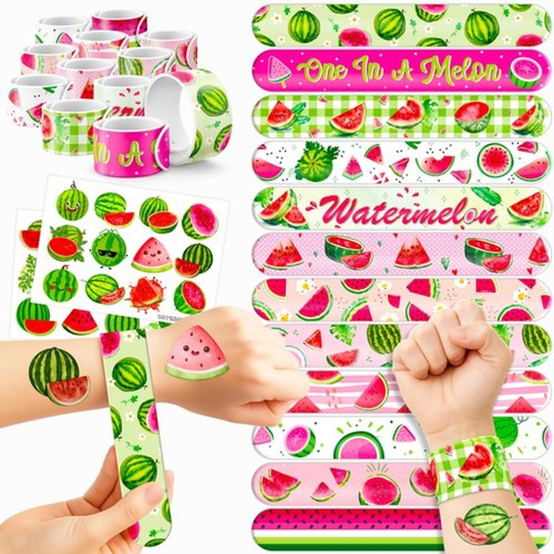 48 PCS Watermelon Party Set 24 PCS Watermelon Tattoos & 24 PCS Slap Bracelets Fun Summer Birthday, Baby Shower, Classroom Rewards, Decorations & Gifts for Kids