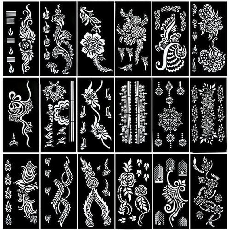 PADOUN 18-Sheet Henna Tattoo Stencils for Hands - Glitter Temporary Tattoo Templates, Indian Henna Tattoo Sticker Kit for Body, Arm, and Hand Painting