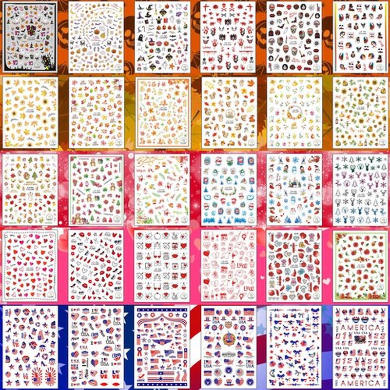 30 Sheets All Holiday Nail Stickers, Thanksgiving Independence Christmas Valentine's HalloweenDay Nail Art Decals Mixed All Season Set, Self-Adhesive Design Year-Round Manicure Decorations Supplies