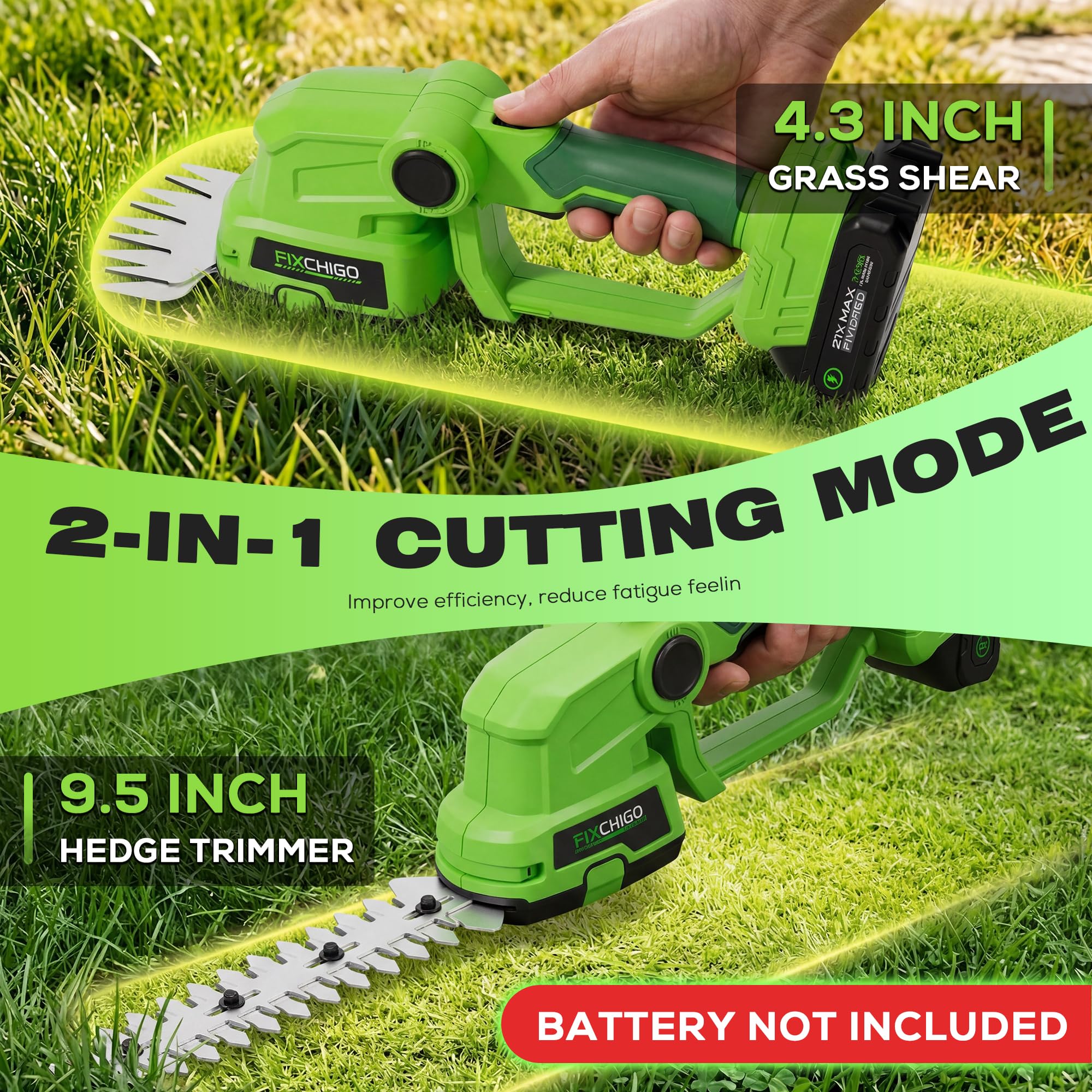 FIXCHIGO 21V Cordless Hedge Trimmer, 2 in 1 Handheld Bush Trimmer Compatible with MAKITA 21V Battery(Battery not Included), Electric Grass Shear for Garden Yard Lawn Care, Powerful & Lightweight