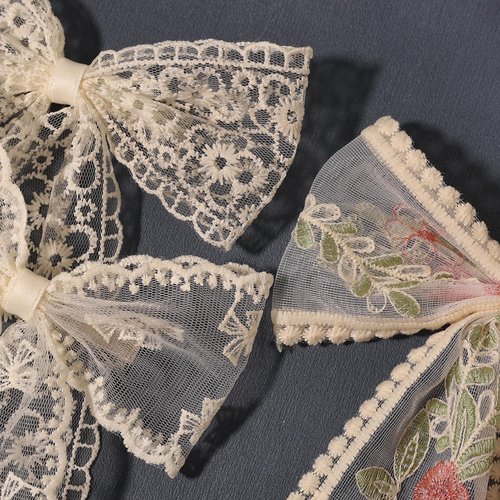 LFOUVRE Beige Lace Hair Bows with Embroidered Flowers - Bowknots, Barrettes, and Hair Clips with Long Tails for Women (3pcs)