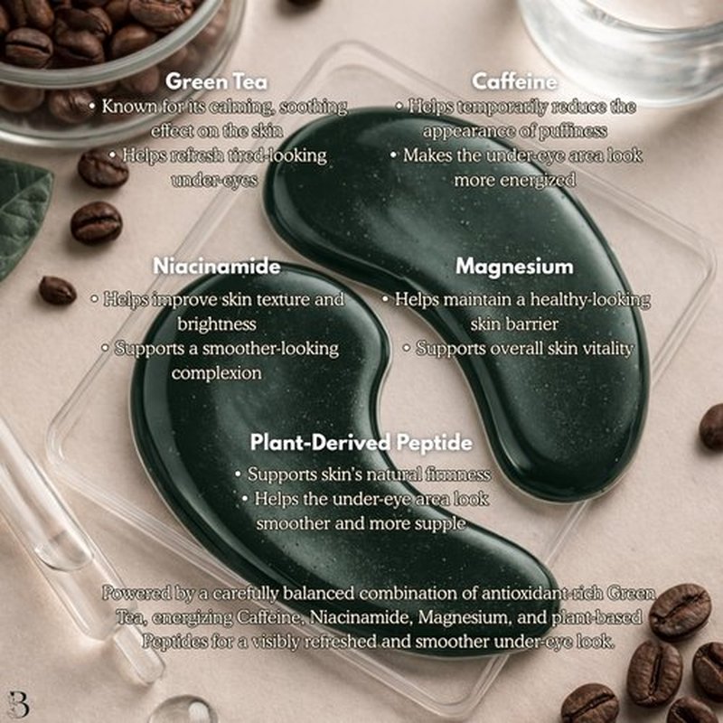 Bumfuzz Green Tea Under-Eye Patches (12 Pairs) | Depuff & Brighten Eye Gel Patches for Dark Circles & Tired Eyes | Plant-Based, Vegan with Caffeine, Niacinamide, Magnesium & Vegetable Peptides