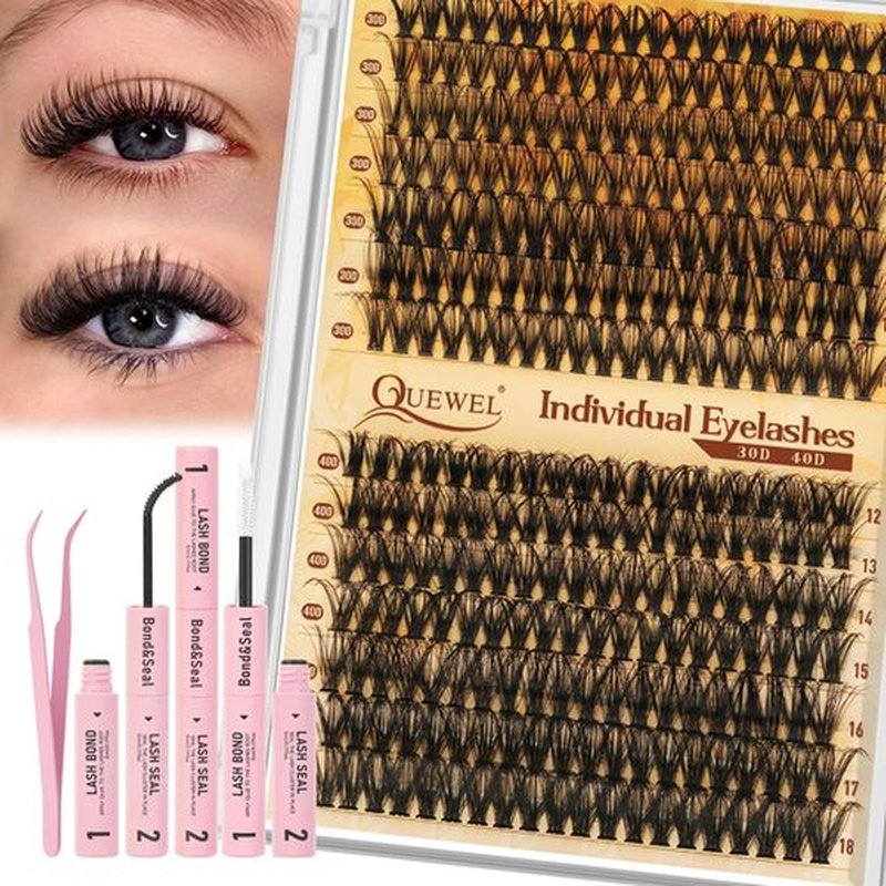 QUEWEL Lash Clusters Kit, 280 Pcs Lash Clusters 30D 40D 12-18mm Thin Band Lashes Clusters Natural Look Eyelash Extension Kit With Lashes Bond Seal Eyelashes Tweezers (LSTZ-30D+40D)