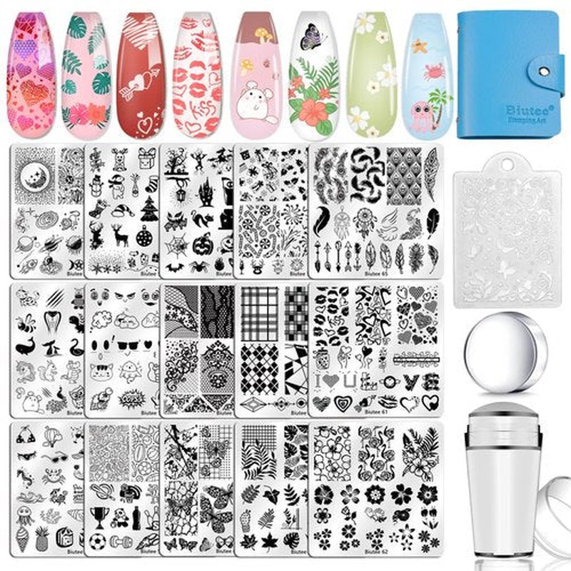 Biutee Nail Stamping Plates Set 15PCS Nail Art Stamper Scraper Nail Art Stamping Kit with Storage Bag Gift Box Nail Stamp Template Kit Lace Flower Butterfly Star Holiday Design