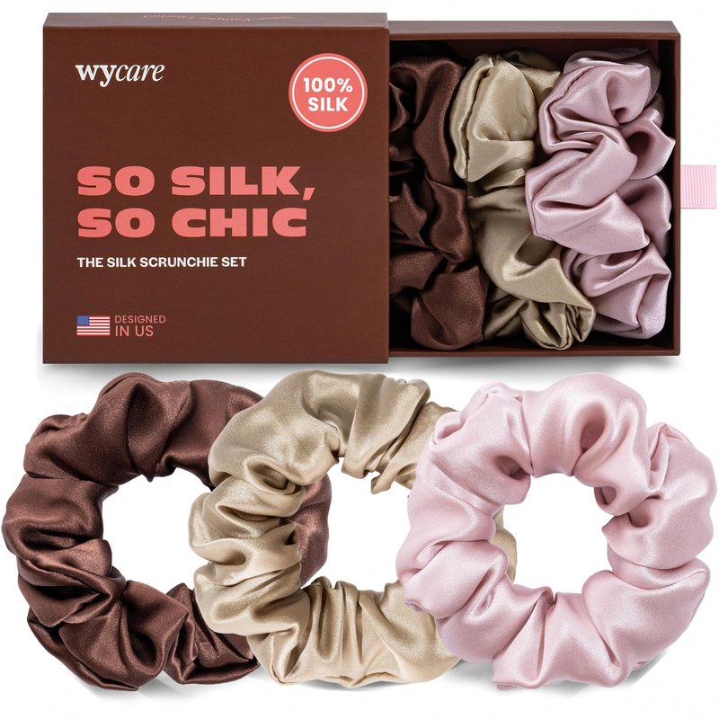 Wycare 100% Silk Scrunchies - Gentle on Hair Mulberry Silk Scrunchies for Women - Luxurious Sleep Ties for Women's Curly Hair (Set of 3 Nude)
