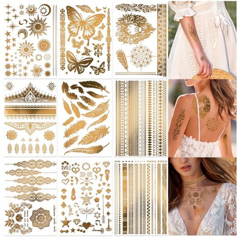 DPKOW 9 Sheets Gold Temporary Tattoos Metallic Moon Star Butterfly Glitter Tattoos Flash Fake Waterproof Tattoo Stickers for Women Girls Body Art