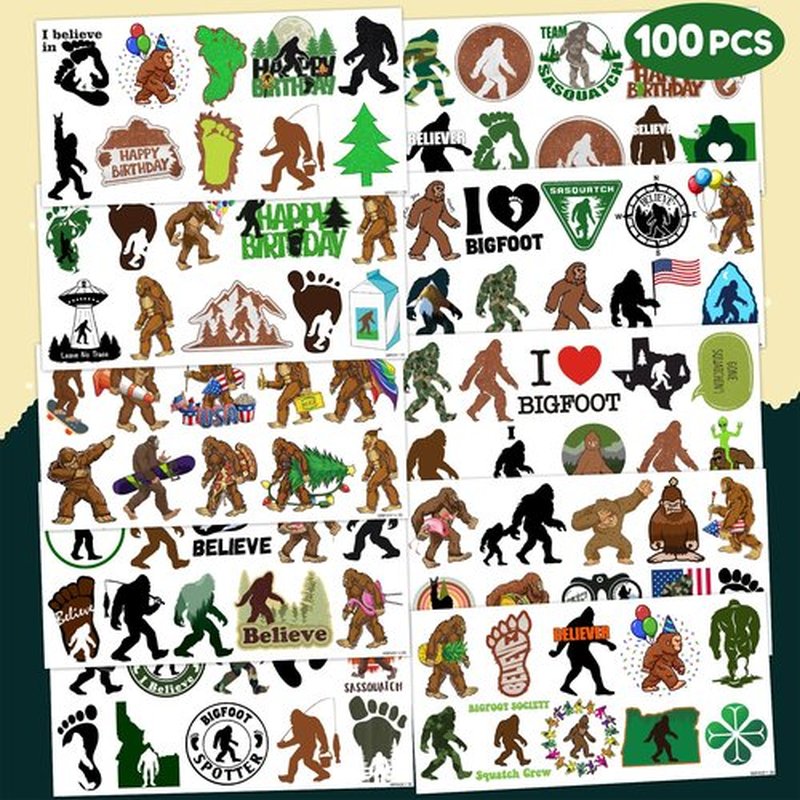 Bigfoot Temporary Tattoos 10 Sheets 100 PCS Bigfoot Jungle Party Decorations Favors Supplies Sasquatch Theme Birthday Cute Stickers Christmas Gifts for Boys Girls Class School Prizes Carnival