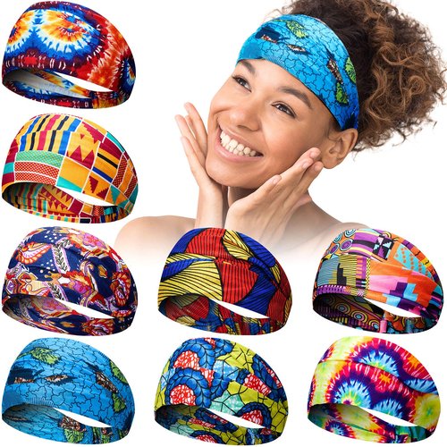 Syhood 8 Pieces African Headband Stretchy Boho Print Headband Yoga Sports Workout Wide Headwrap Elastic Twisted Knot Turban Hairband for Women Girls Hair Accessories
