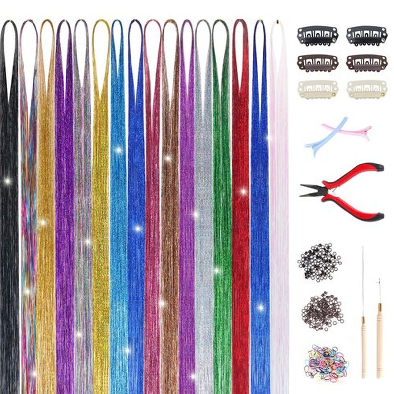 GOO GOO Hair Tinsel Kit 16 Colors, 3200 Strands of 48 Inch Tinsel Hair Extensions, Fairy Hair for Girls with Tools, Sparkling Glitter Highlights for Christmas, Halloween, Cosplay, and Parties