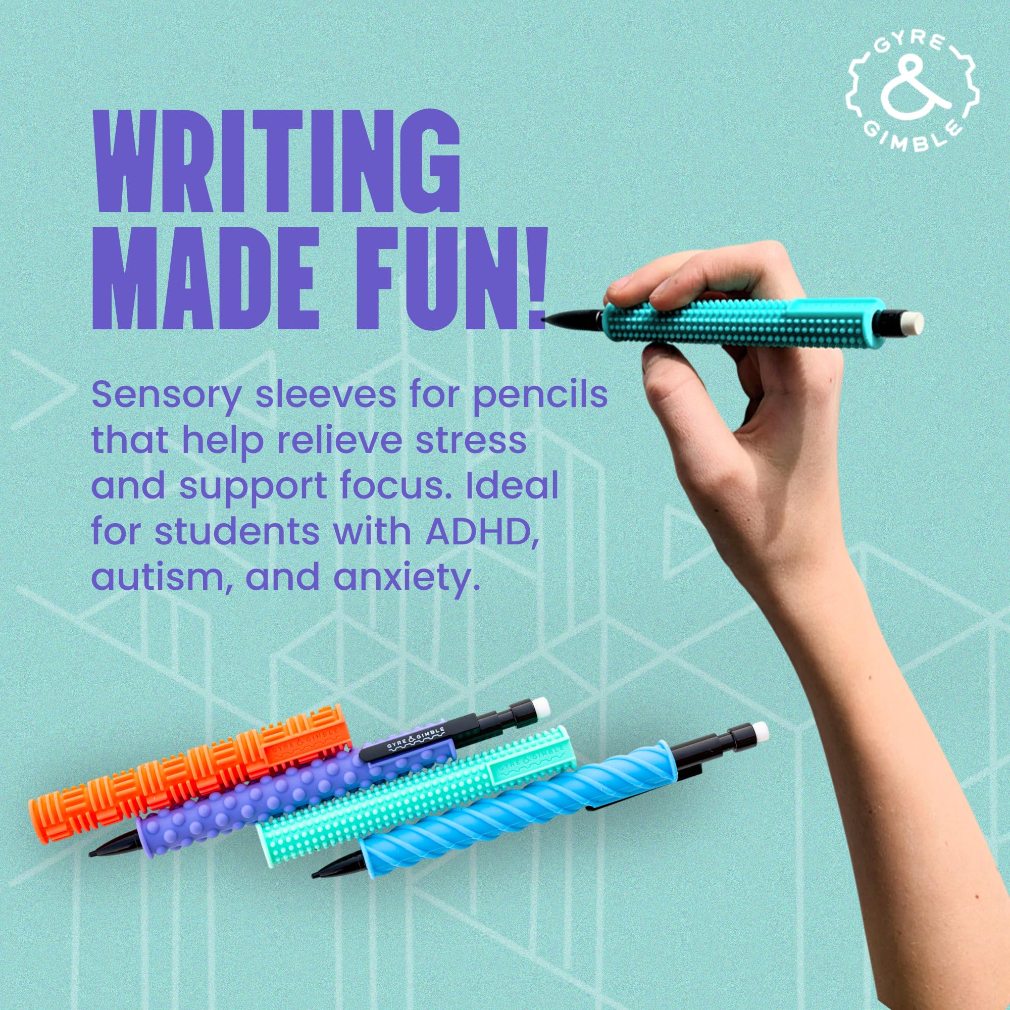 Gyre & Gimble Pencil Gidgets – Textured Silicone Pencil Sleeve for Quiet Fidgeting – Transform Your Mechanical Pencil into a Sensory ADHD Tool for Kids and Adults – 4 Sleeves & 2 Pencils - Gray