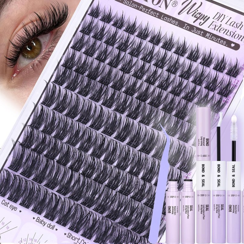 Wispy Lash Clusters Kit Natural Look Lash Clusters DIY Lash Extension Kit 10-18mm Cluster Eyelash Extensions Kit Lash Bond and Seal Lash Tweezers Individual Lashes Cluster Kit DIY Lash at Home