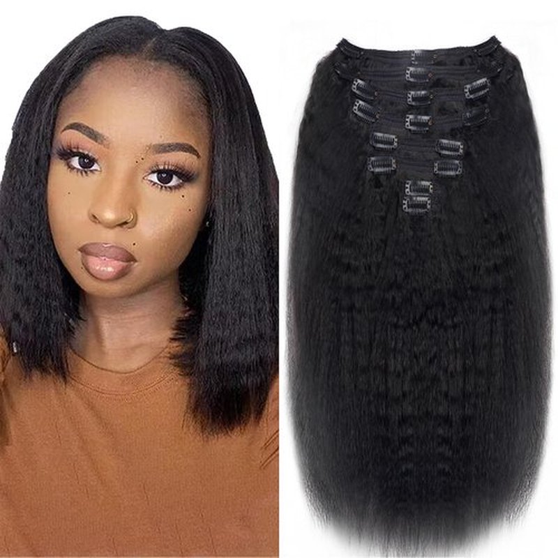 Kinky Straight Clip in Hair Extensions Real Human Hair Clip ins Natural Black Double Weft Clip ins for Women 12 Inch 120g 8pcs Kinky Straight Clip on Extensions Human Hair