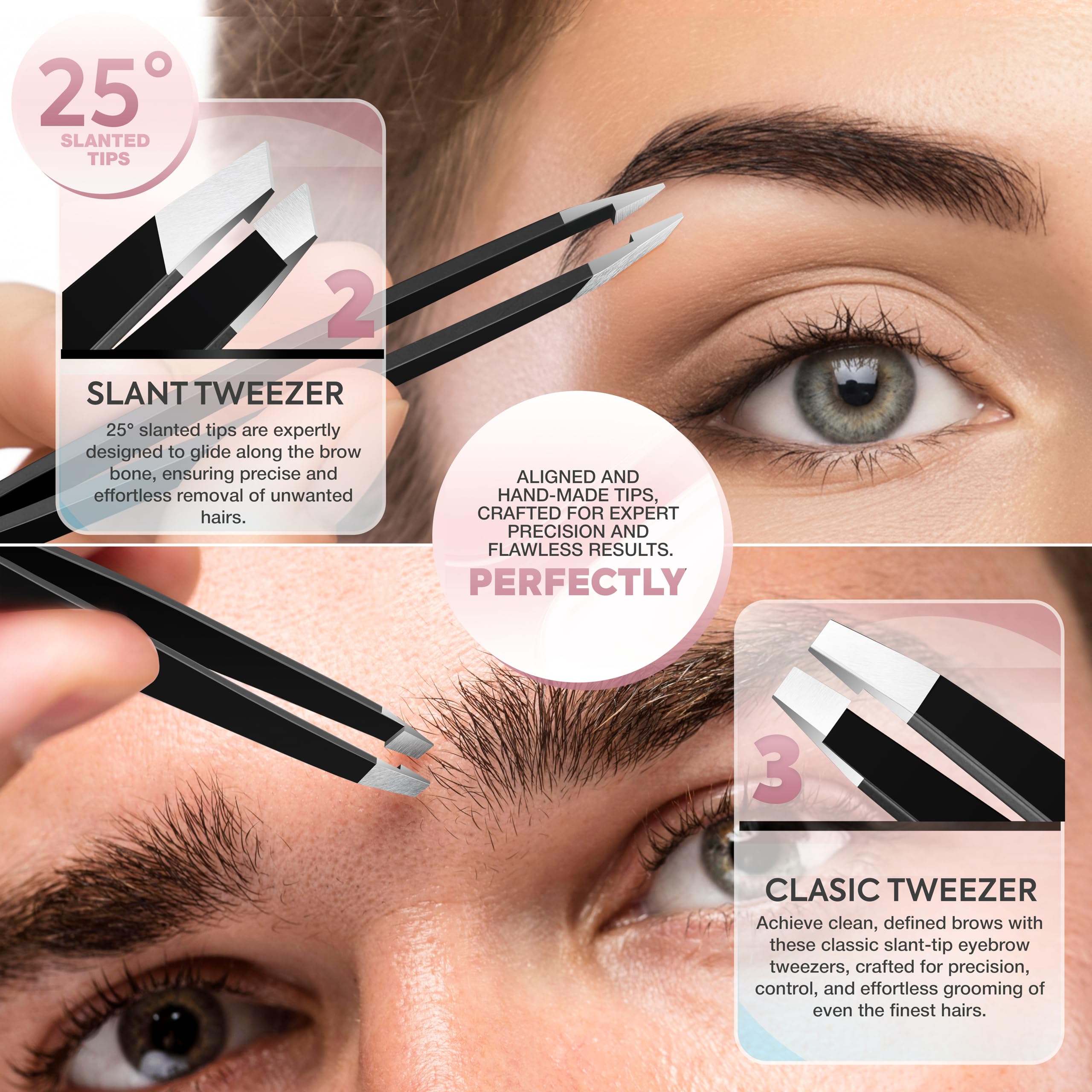MARKHOR® Black Majesty Eyebrow Tweezers for Women Facial Hair, Splinter and Ingrown Hair Removal Tweezers Set, Professional Pointed and Slant Tweezers for Eyebrows, Precision Tweezers for Eyebrows