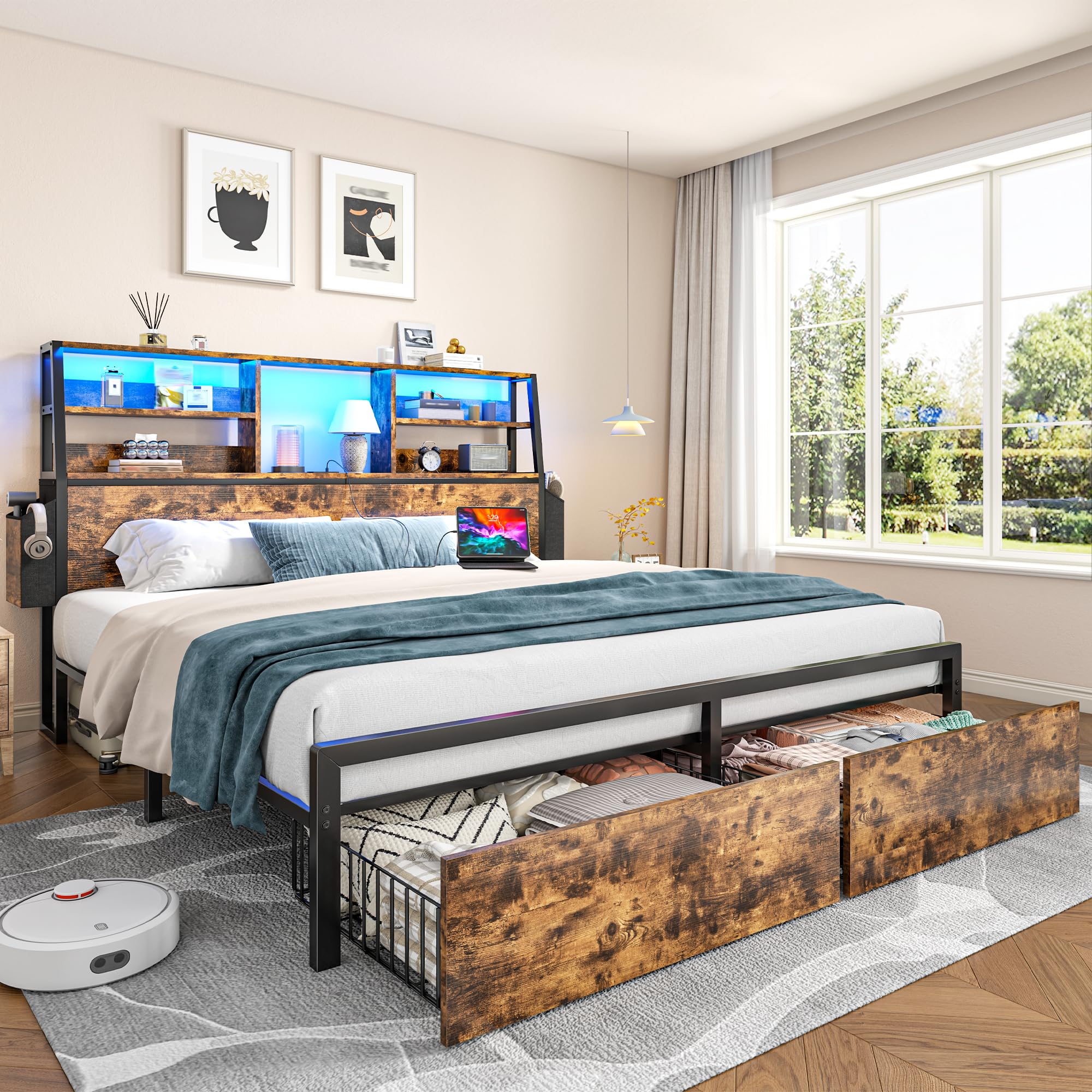 Homkdom Queen Bed Frame with 3-Tier Storage Headboard &2 Drawers,Noise-Free