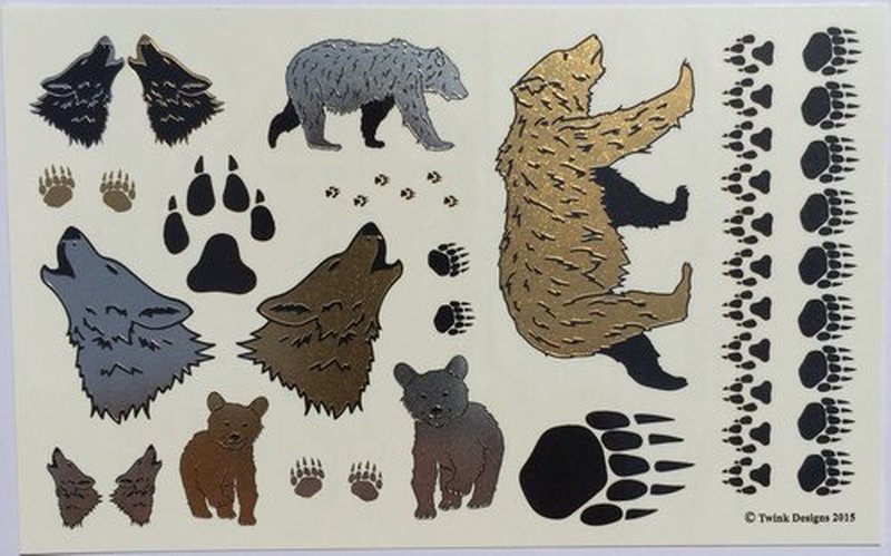 Bear and Wolves Temporary Tattoos for Kids | 32 Tattoos on 2 Sheets | Fake Tattoo for Boys and Girls | Fun Metallic Shiny Animal Tattoos for Kids | By Twink Designs
