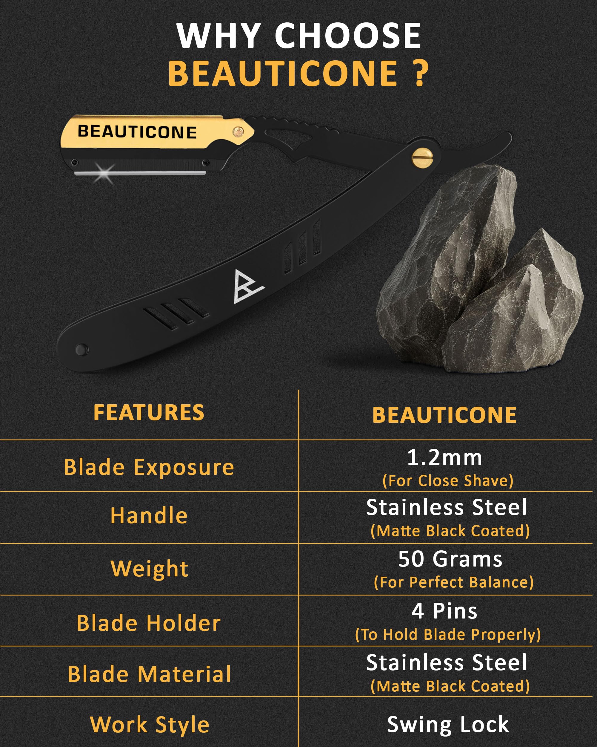 BEAUTICONE Barber Straight Razor for Men – Professional Shavette with Swinglock Blade Holder, Stainless Steel Blades Included, Cut Throat Razor, Black & Gold