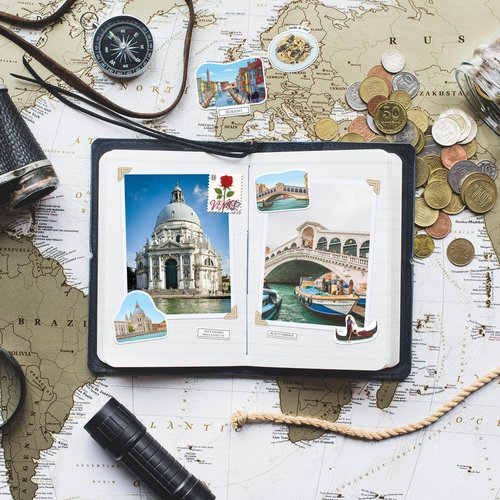 Navy Peony Velvety Venice Travel Stickers - Hand-Painted Gouache, Matte, Die-Cut - for Journals, Scrapbooks (28 Pcs)
