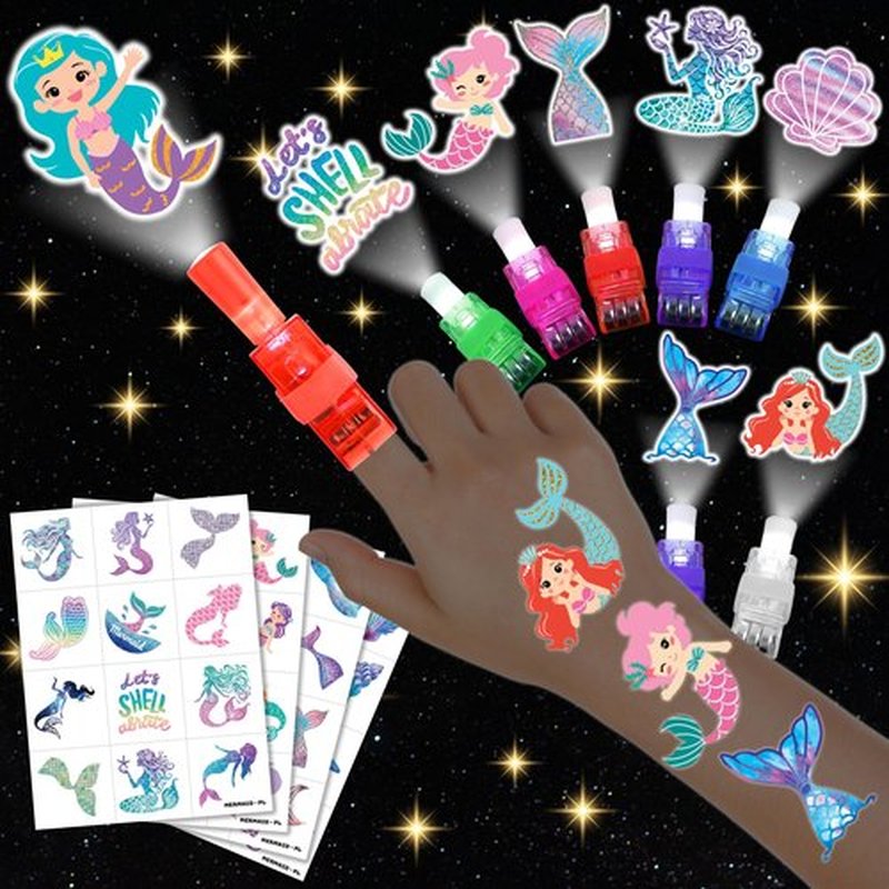 72 PCS Mermaid Party Favors – 48 PCS Luminous Tattoos & 24 PCS LED Finger Lights Combo – Birthday Goodie Bag Fillers, Party Supplies, Gifts Light Up Toys Glow In The Dark for Boys and Girls