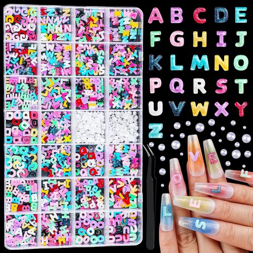 800PCS Letter Nail Art Charms and Half Pearls, Kawaii 3D Alphabet Nail Rhinestones Candy Flatback Resin Charms Glitter Design Decoden Charms for Nails Crafts Nail Decoration Accessories Women DIY