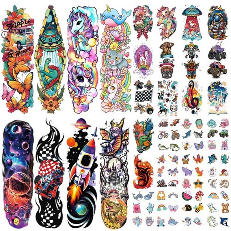 52 PCS Kids Full Arm Temporary Tattoos - Rocket Car Dinosaur Planet Astronaut & Dolphin Castle Cat Body Tattoos Stickers for Boys & Girls, Party Supplies Gifts