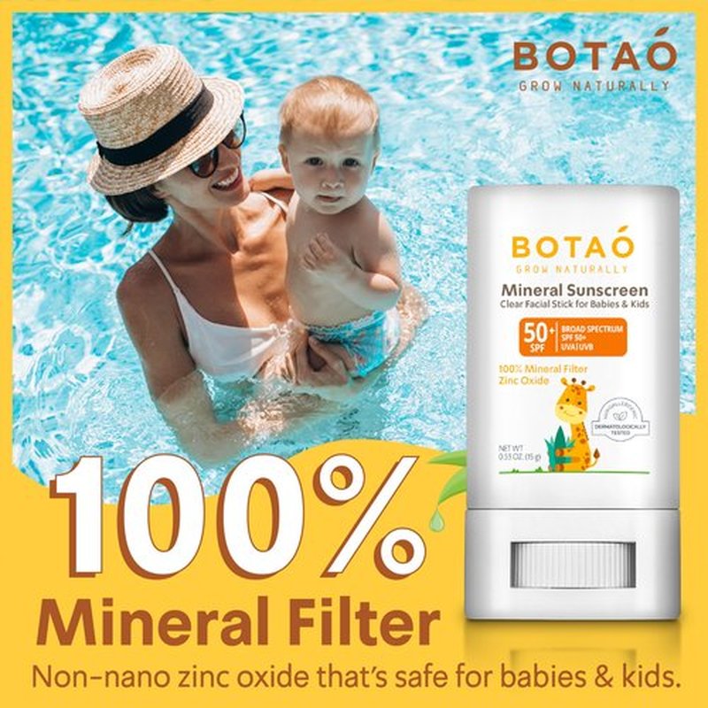 Botao baby Mineral Sunscreen Stick 100% Zinc Oxide SPF 50+ Water Resistant UVA/UVB Protection Easy to Apply Fragrance Free, babies & kids, for sensetive skin, Unscented