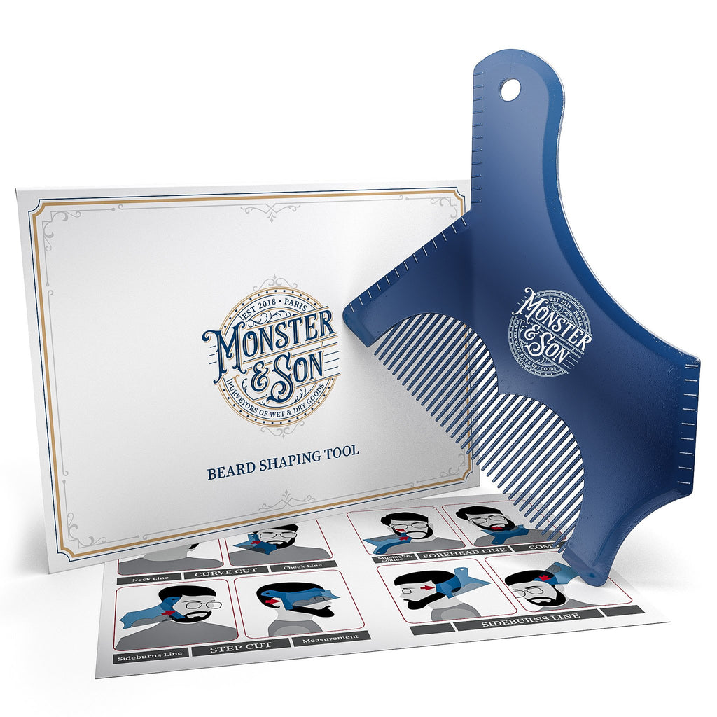 Monster&Son Beard Shaping Tool For Men - Classic Oversized Design (Blue Clear) - Lineup Stencil Shaper for Styling and Shaping - Alignment Guides for Perfect Symmetry