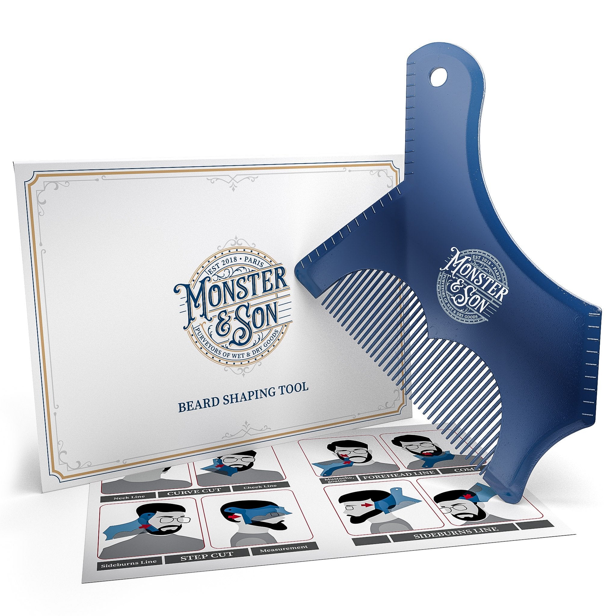 Monster&Son Beard Shaping Tool For Men - Classic Oversized Design (Blue Clear) - Lineup Stencil Shaper for Styling and Shaping - Alignment Guides for Perfect Symmetry