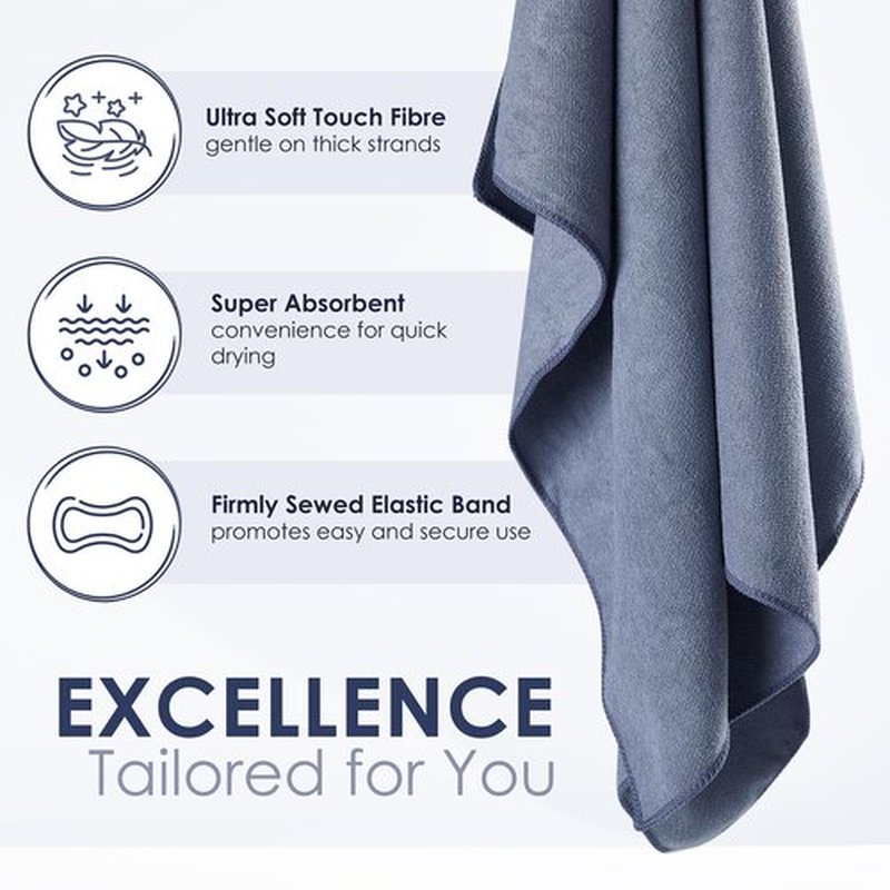 SimpleField Large Microfiber Hair Towel Wrap for Women (27x40 Inches). Anti Frizz Rectangle Fast Drying Towel with Elastic Band for Long, Curly, and Thick Hair. Includes Reusable Carry Bag (Grey)
