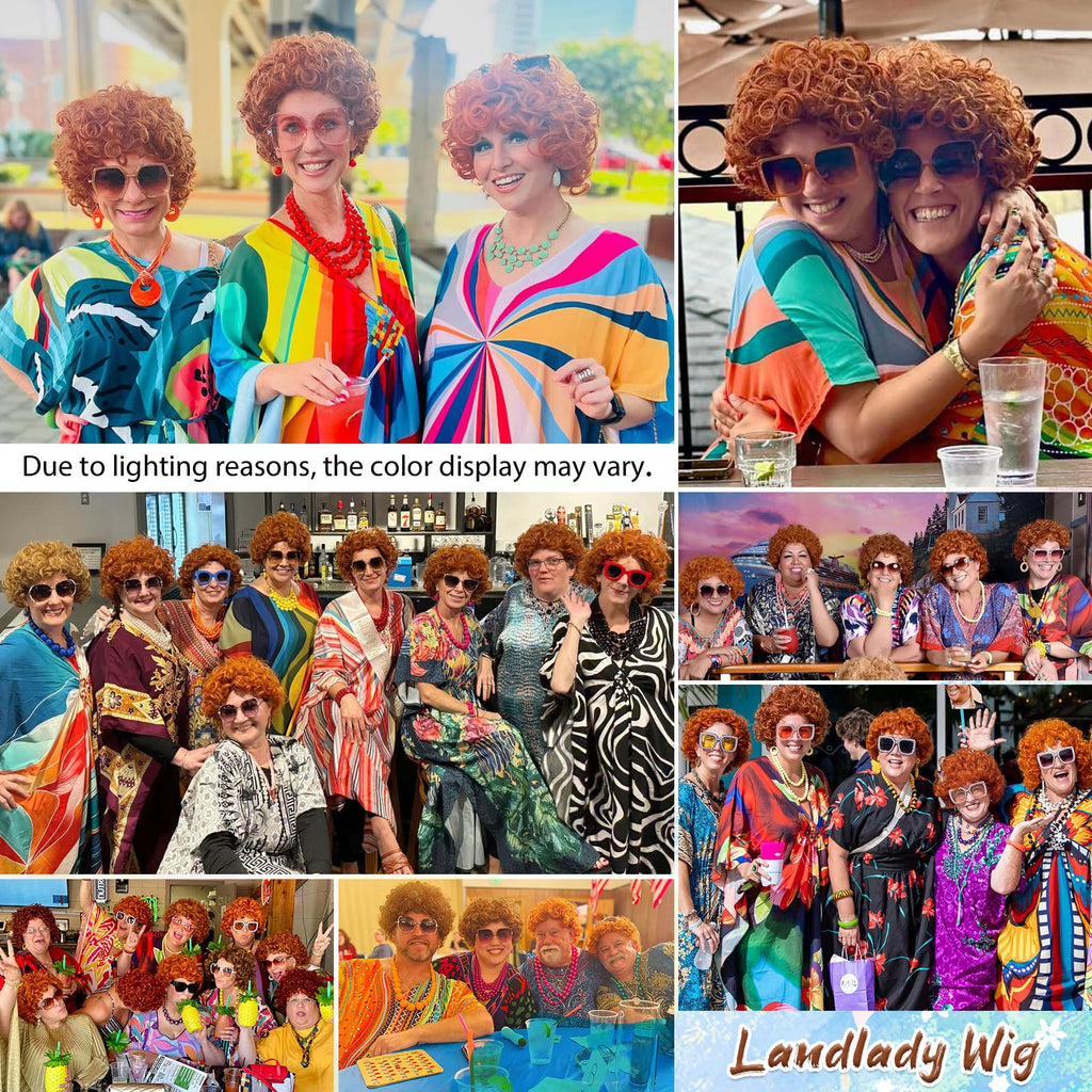 Yargel Hair Orange Wig for Women Landlady Costume Red Orange Curly Synthetic Wig With Yellow Jewelry Necklace+Earrings+Glasses Ginger Wigs For Cospaly Halloween Party Use