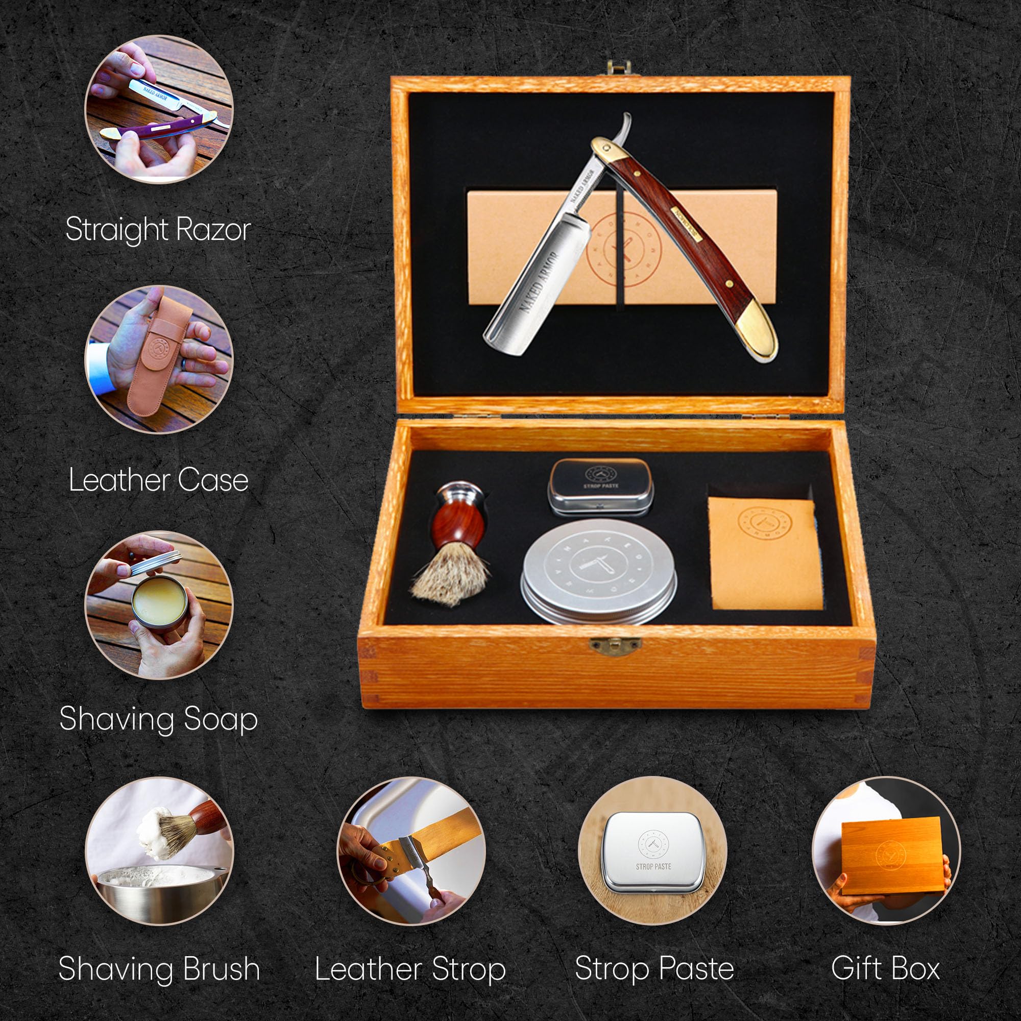 Naked Armor Solomon Straight Razor Kit - Professional Shave Ready Straight Razor Shaving Kit for Men - Japanese Carbon Steel Straight Edge Razor with Brush, Strop & Soap in Wood Gift Box (Brown)
