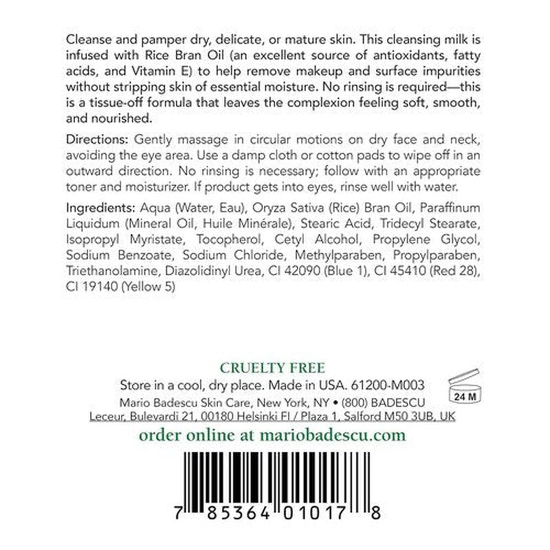 Mario Badescu Cleansing Milk - No Rinse Liquid Makeup Remover with Carnation & Vitamin E, 8 oz