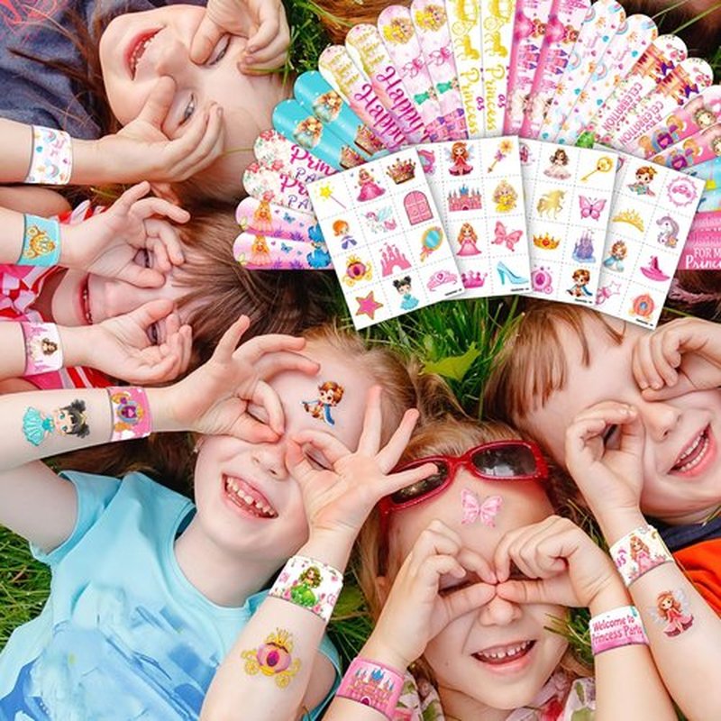 Cherisnowy 72PCS Little Princess Party Set - 48PCS Temporary Tattoos & 24PCS Slap Bracelets - Cute Birthday Supplies, Baby Shower Gifts, Classroom Rewards & Princess-Themed Decor for Girls