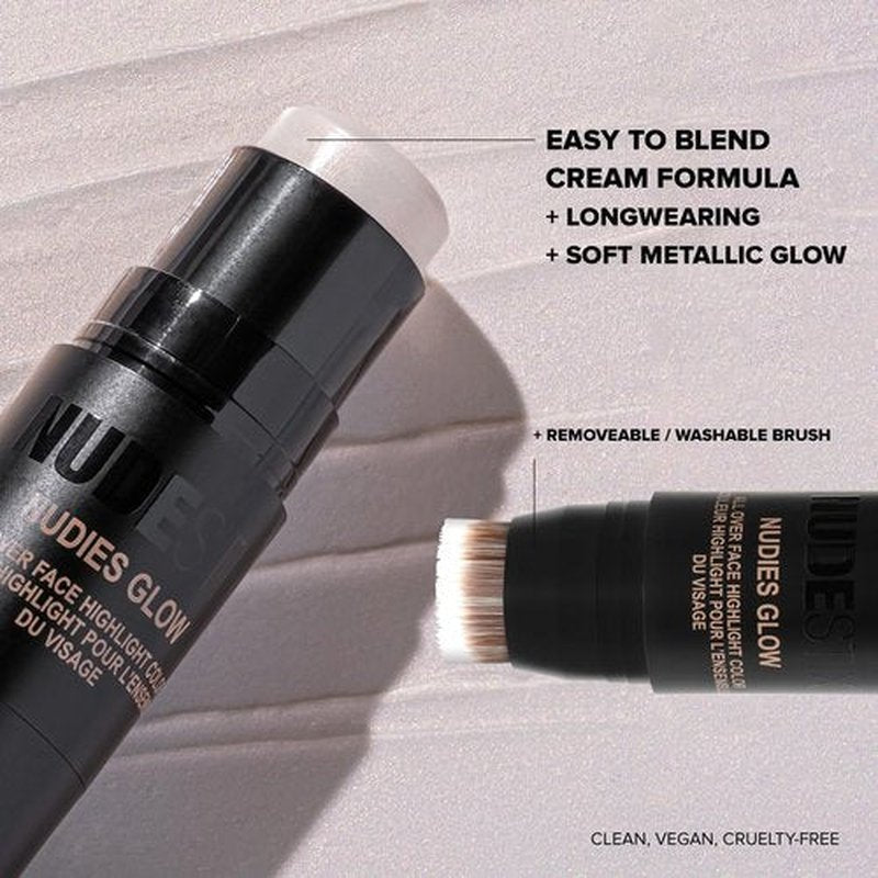 Nudestix Nudies Glow Highlighter Stick – Multi-Use Cream Highlighter for Cheeks, Eyes & Body with Built-In Brush | Dewy, Radiant Finish | Clean, Vegan & Travel-Friendly Makeup (Bubbly Bebe)