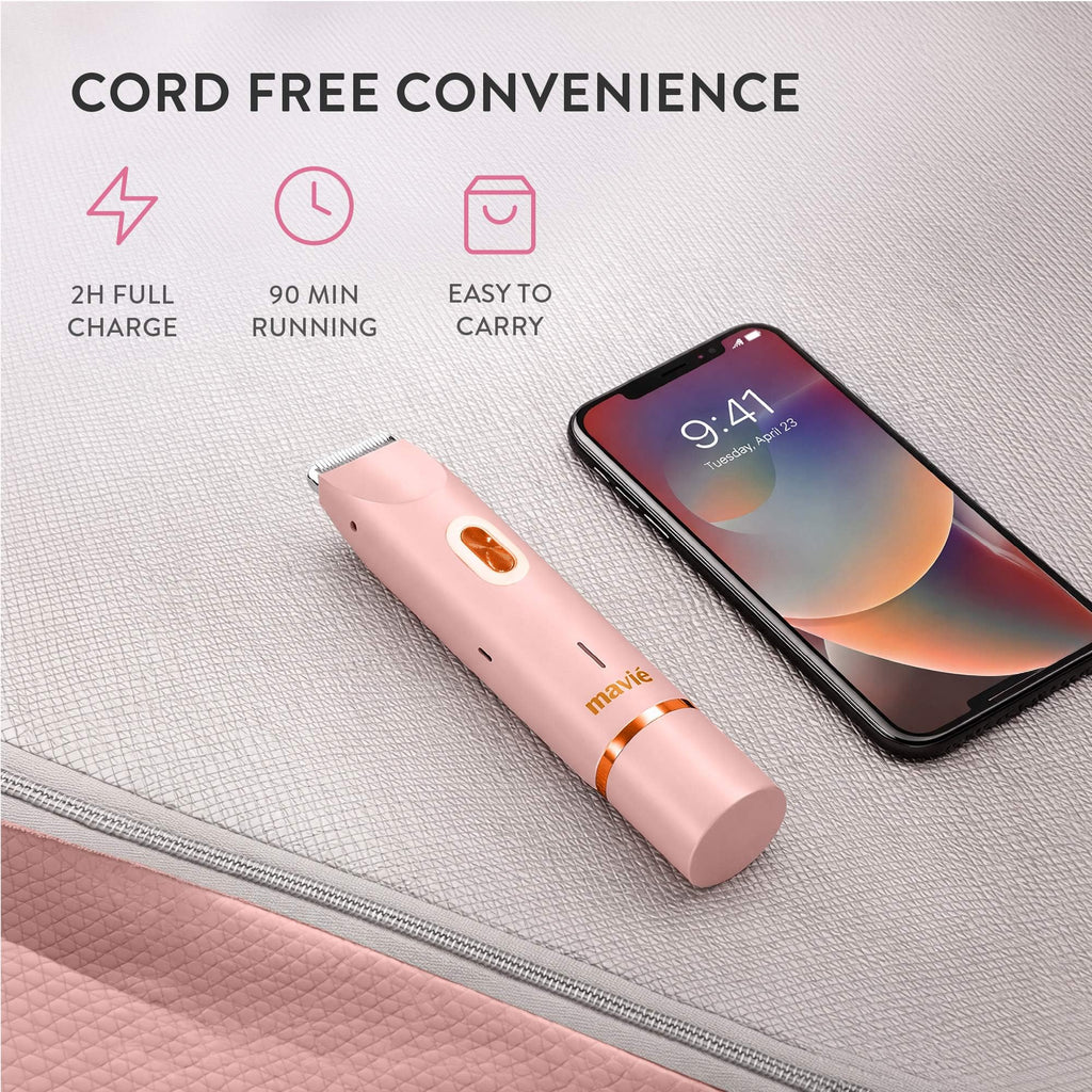 MAVIÉ Dual Head Bikini Trimmer for Women, Electric Razor for Face & Body, Painless Hair Removal Tool, Precision & Body Shaving Heads, Cordless Rechargeable, Portable Grooming Device (Pink)
