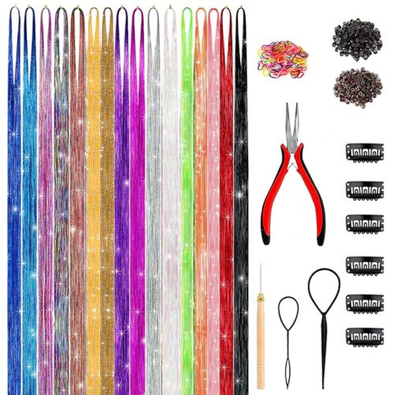 GTTUKK 4800+ Strands Hair Tinsel Kit with Tools, 16 Colors 48 Inch Fairy Hair Extensions, Heat Resistant Holographic Glitter Sparkle Strands with Silicone Beads, Pliers & Hook for Women Party