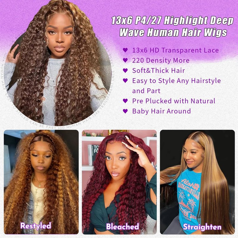 ZZMDS 26 Inch 13x6 4/27 Highlight Deep Wave Lace Front Wigs Human Hair 220 Density Ombre Colored HD Transparent Deep Curly Lace Frontal Wigs Pre Plucked with Baby Hair for Women