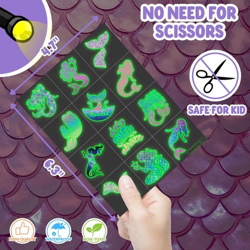 72 PCS Mermaid Party Favors – 48 PCS Luminous Tattoos & 24 PCS LED Finger Lights Combo – Birthday Goodie Bag Fillers, Party Supplies, Gifts Light Up Toys Glow In The Dark for Boys and Girls