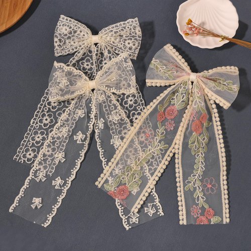 LFOUVRE Beige Lace Hair Bows with Embroidered Flowers - Bowknots, Barrettes, and Hair Clips with Long Tails for Women (3pcs)