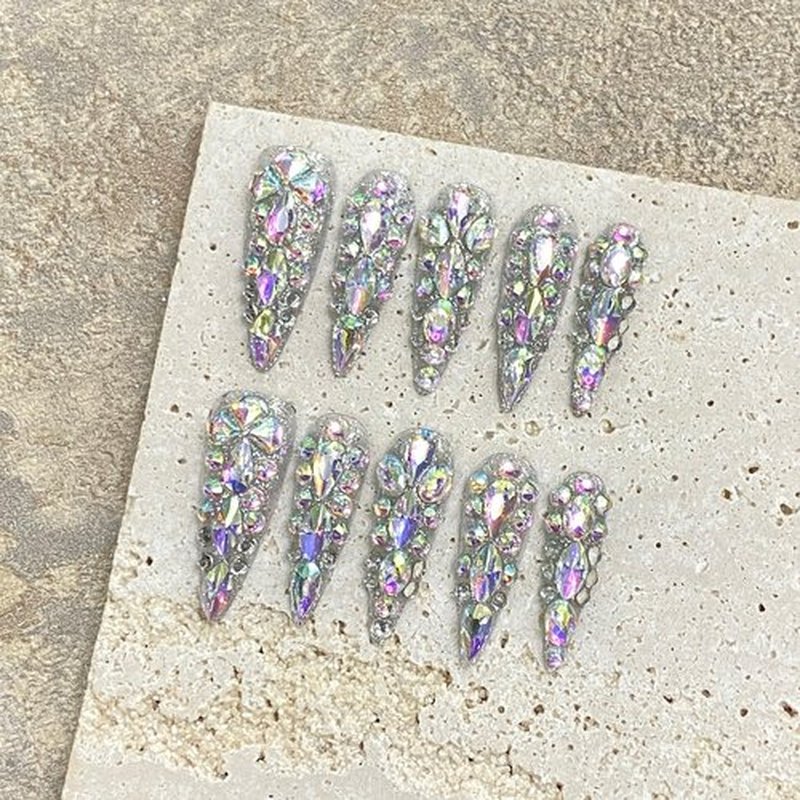 JIEADJIE Press On Nails (100% Handmade),Length Version,Handmade Painted Nail Art by Nail Technician,Luxury Party and Holiday Styles (Laser Illusion, Medium)