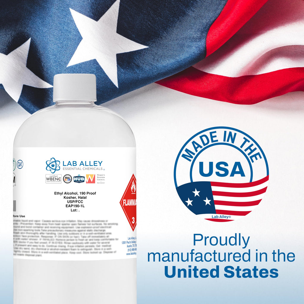 Lab Alley Ethanol 190 Proof (95%) USP/FCC Food Grade Alcohol, Grain Alcohol Solvent, Kosher, Laboratory & Extraction Use (1 Liter)
