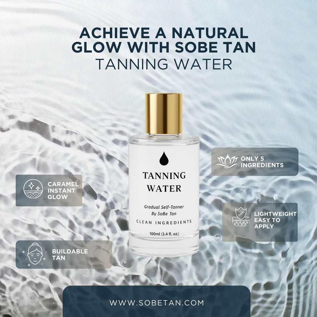 SoBe Tan Tanning Water - Hydrating Self-Tanning Mist with Aloe Vera, 5 Natural Ingredients, Food-Grade Preservatives, Vegan, Cruelty-Free, Streak-Free Golden Sunless Tan, 3.4 fl oz (TSA-Approved)