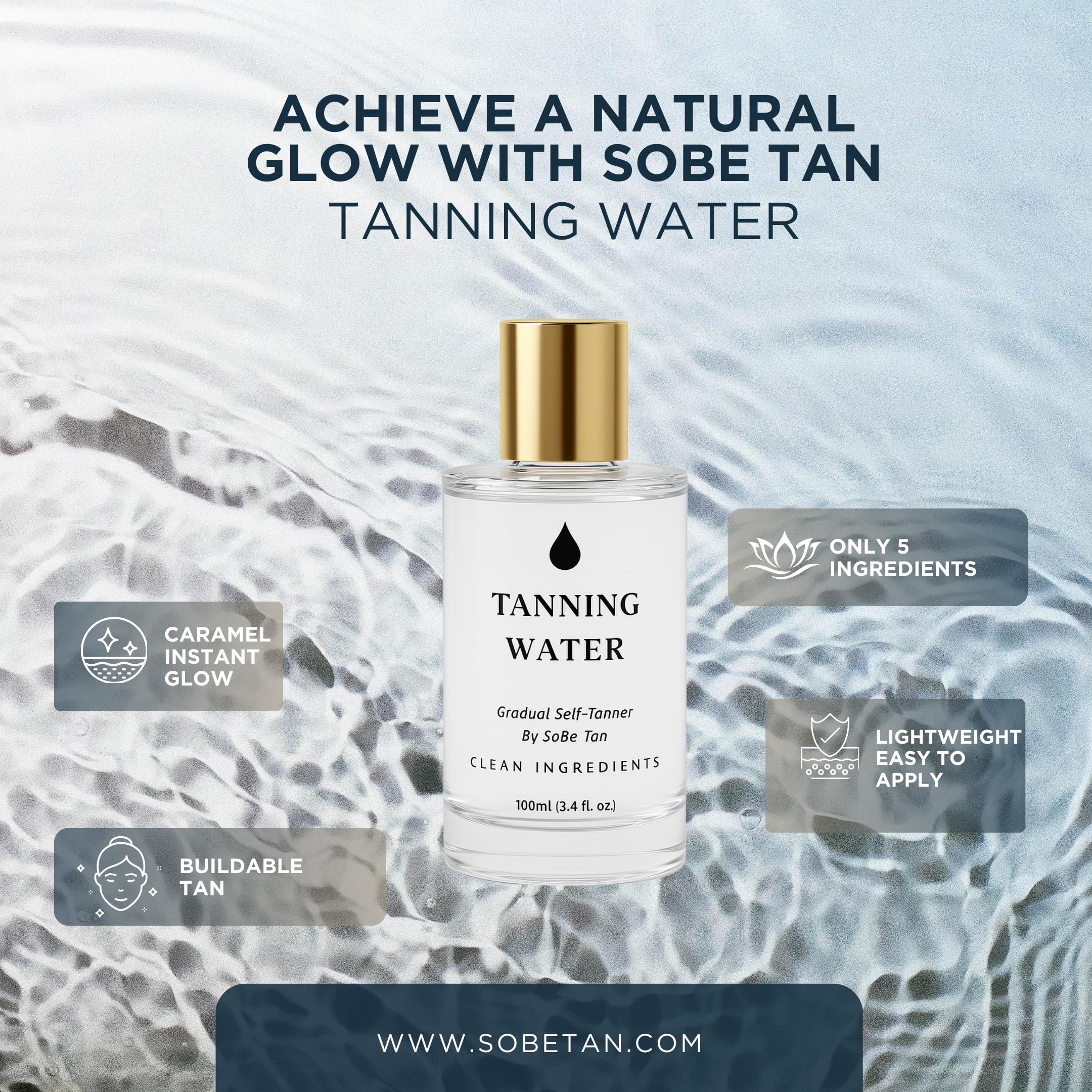 SoBe Tan Tanning Water - Hydrating Self-Tanning Mist with Aloe Vera, 5 Natural Ingredients, Food-Grade Preservatives, Vegan, Cruelty-Free, Streak-Free Golden Sunless Tan, 3.4 fl oz (TSA-Approved)