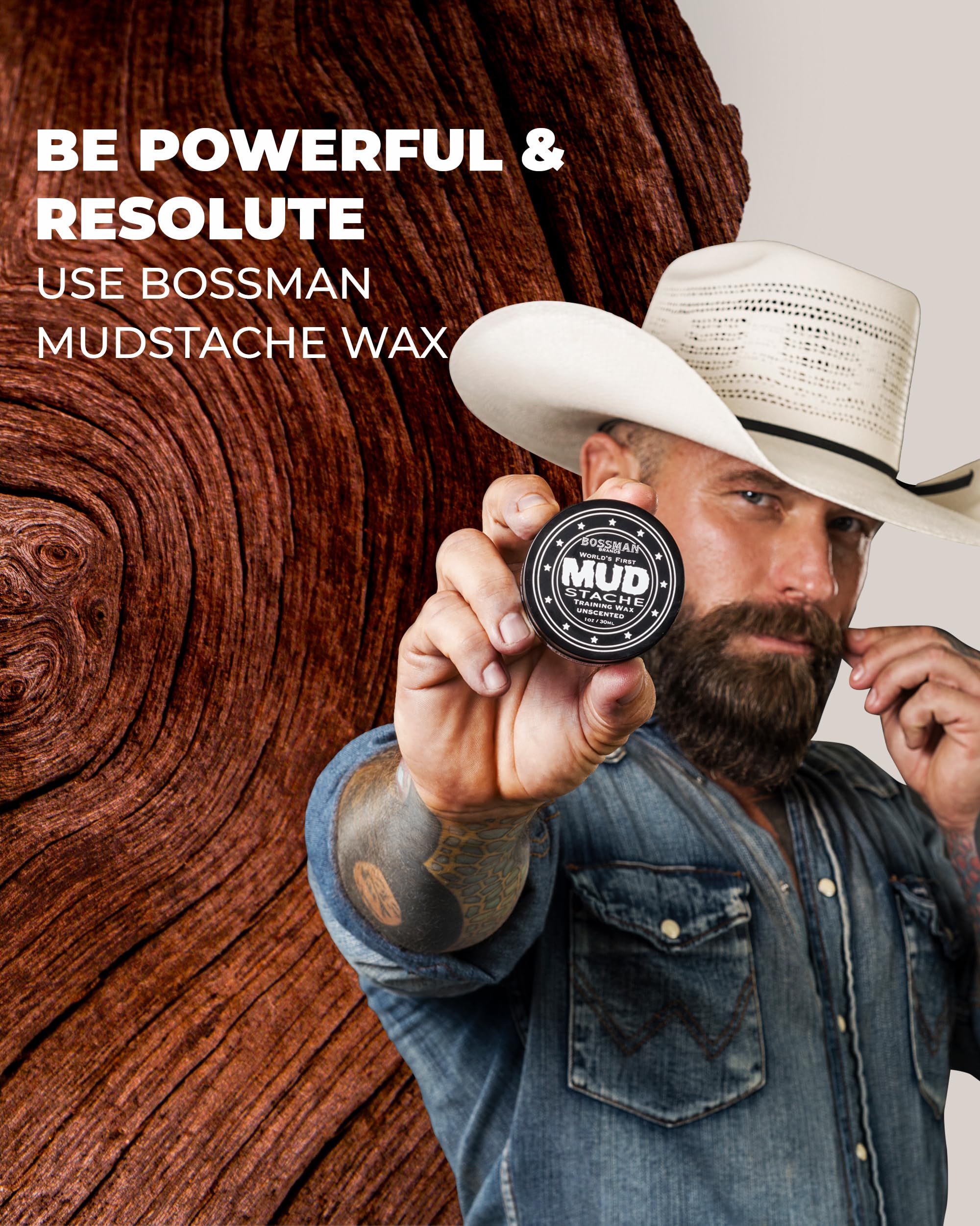 Bossman MUDstache Unscented Mustache Wax for Men (3 oz) - 3 Pack - Strong 24-Hour Hold, Non-Tacky & Easy to Apply for Taming & Styling