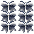 DEEKA 6 PCS 7" Large Glitter Cheer Bows with Shiny Rhinestones Three Color Stiff Hair Bows Elastic Band Ponytail Holder for for Cheerleaders Softball Girls Sports -Navy/Silver/White