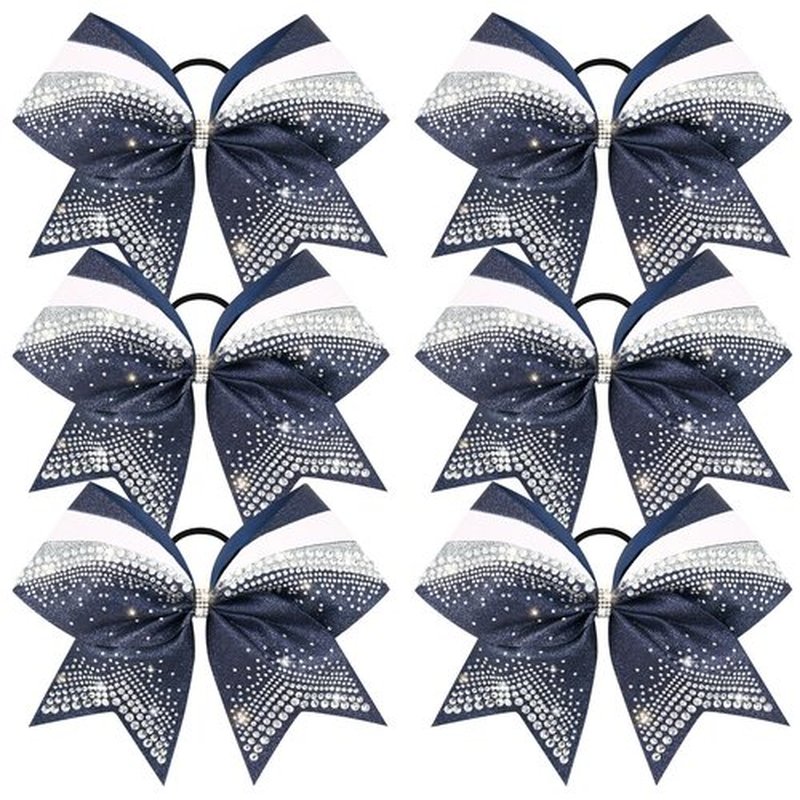 DEEKA 6 PCS 7" Large Glitter Cheer Bows with Shiny Rhinestones Three Color Stiff Hair Bows Elastic Band Ponytail Holder for for Cheerleaders Softball Girls Sports -Navy/Silver/White