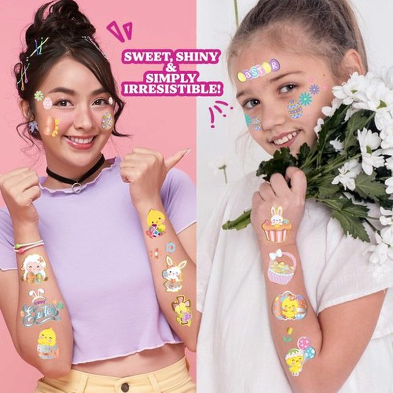 Easter Temporary Tattoos for Kids 100 Metallic Easter Tatoos, Easter Trinkets Non Candy Easter Egg Fillers Stuffers Bulk Giveaways Easter Basket Religious Goodie Bags Toys, Class Prize Party Favors