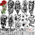 52 Sheets Black Halloween Temporary Tattoos for Kids Men Women, Include 10 Sheets Large Half Arm Sleeve Fake Tattoos, 200+ PCS Spider Snake Tiger Lion Skull Bat Vampire Scar Halloween Tattoos