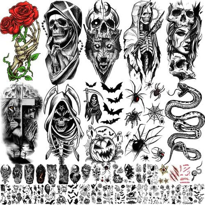 52 Sheets Black Halloween Temporary Tattoos for Kids Men Women, Include 10 Sheets Large Half Arm Sleeve Fake Tattoos, 200+ PCS Spider Snake Tiger Lion Skull Bat Vampire Scar Halloween Tattoos